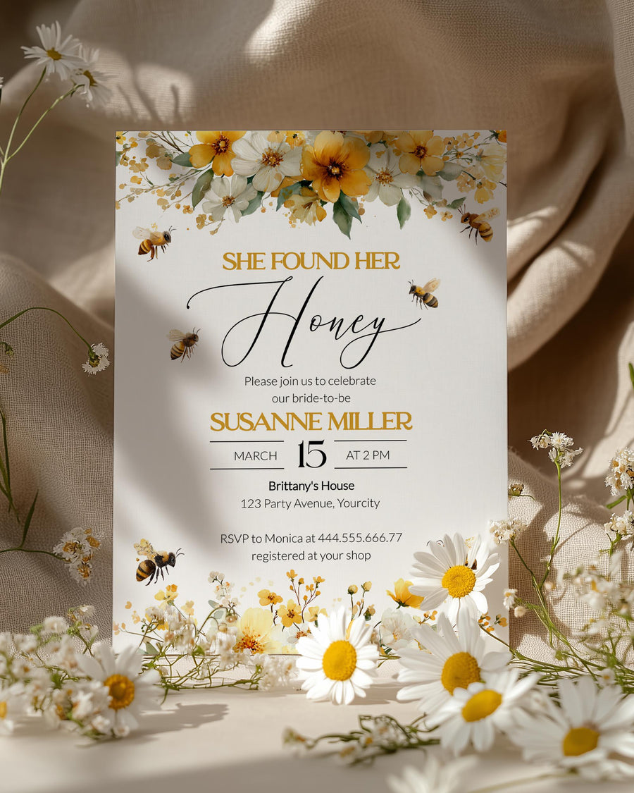 Honeybee Bridal Shower Invitation, She Found Her Honey Floral Bee Template 079HB-BRINV - marryful.org