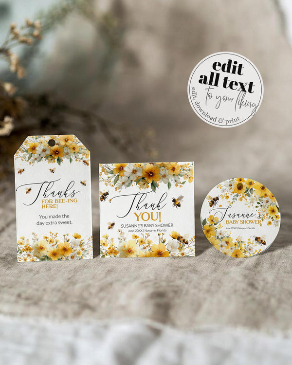 Honey Bee Favor Tags, Floral Bee Thank You Labels Stickers Cupcake Toppers #079 - TheLovebirdsDesign