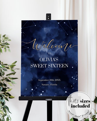 Celestial Sweet Sixteen Welcome Sign Template, Starry Night Galaxy Theme Party Printable Design #066 - marryful.org