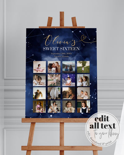 Celestial Sweet 16 Photo Collage Poster, Starry Night Birthday Montage Template Customizable Party Display #066 - marryful.org