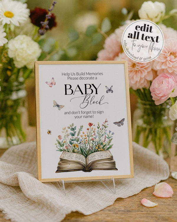Storybook Baby Block Decorating Sign Wildflower Butterfly Build Memories Activity Baby Shower Template #068 - TheLovebirdsDesign