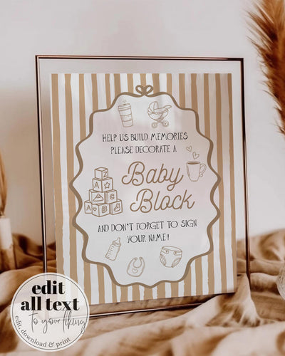 Whimsical Coffee Baby Block Decorating Sign Wavy Bow Frame Build Memories Shower Template #070 - TheLovebirdsDesign