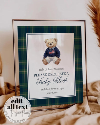 Polo Teddy Baby Block Decorating Sign Vintage Bear Build Memories Activity Baby Shower Template #068rl - TheLovebirdsDesign
