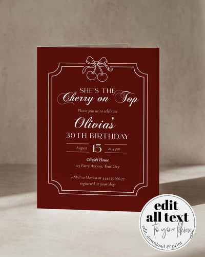 Cherry on Top Birthday Invitation, Old Money Burgundy Velvet Luxury Party Template #080 - marryful.org