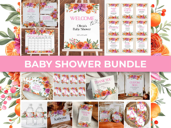 Citrus Floral Baby Shower Bundle, Pink Orange ‘Cutie on the Way’ Shower Invite & Decor #072 - TheLovebirdsDesign