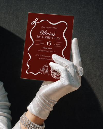 Burgundy Wavy Frame Birthday Invitation, Old Money Elegant Bow & Martini Template 080-BIRINV - marryful.org