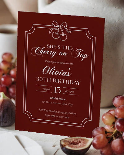 Cherry on Top Birthday Invitation, Old Money Burgundy Velvet Luxury Party Template 080-BIRINV2 - marryful.org