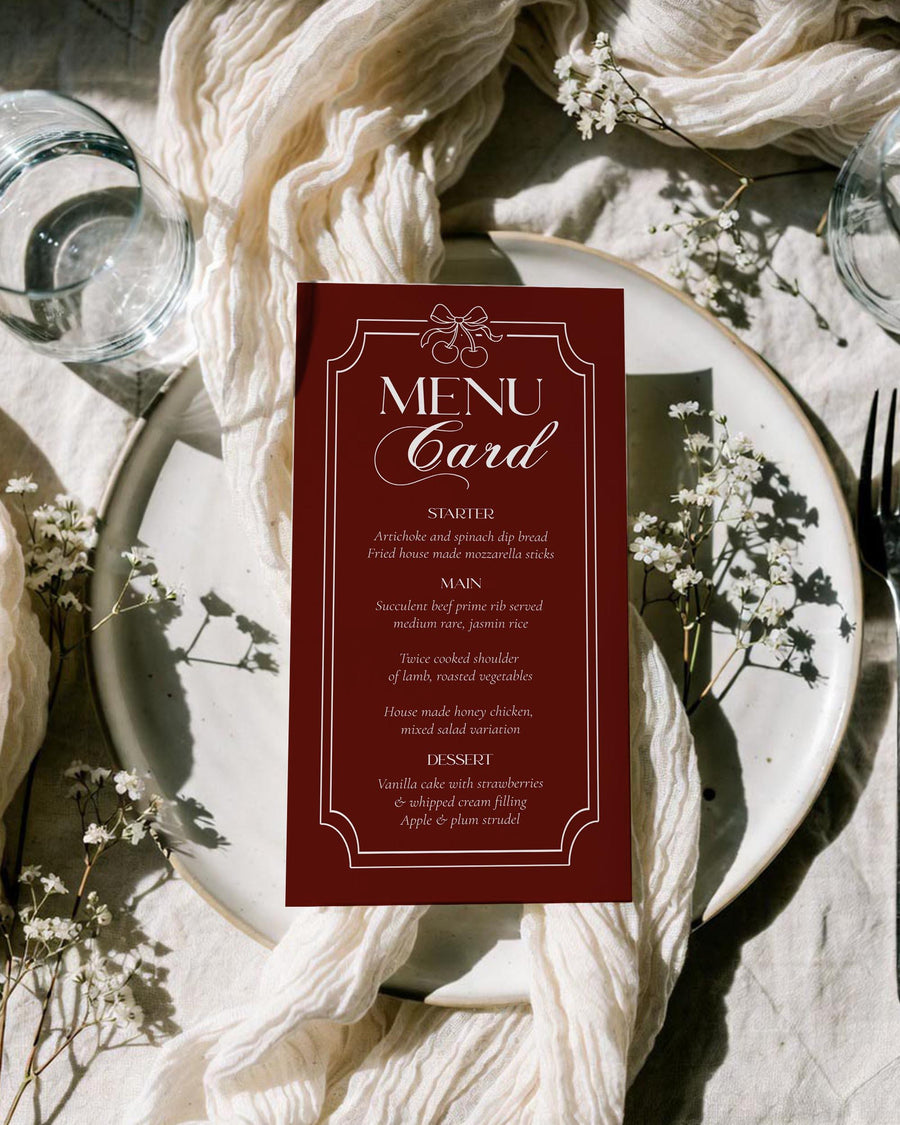 Burgundy Velvet Menu Card, Old Money Luxury Vintage Frame Party Menu #080 - marryful.org