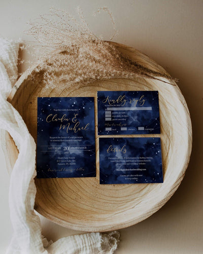 Celestial Starry Night Wedding Invitation Template, Moon Wedding Invite Bundle for Navy Blue and Gold #066 - TheLovebirdsDesign