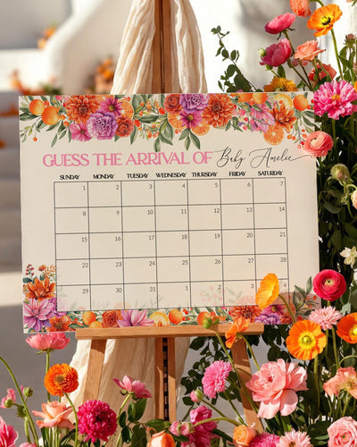 Bright Florals Guess Due Date Sign, Citrus Baby In Bloom Shower Arrival Game Template - TheLovebirdsDesign