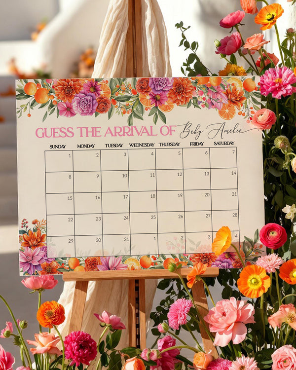 Bright Florals Guess Due Date Sign, Citrus Baby In Bloom Shower Arrival Game Template - TheLovebirdsDesign