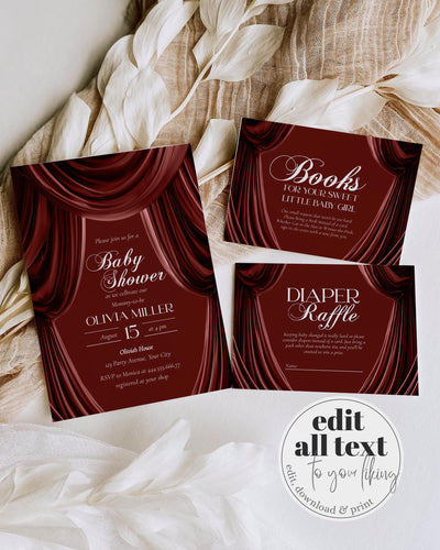 Burgundy Velvet Baby Shower Invitation, Old Money Draped Fabric Luxury Template #082 - marryful.org