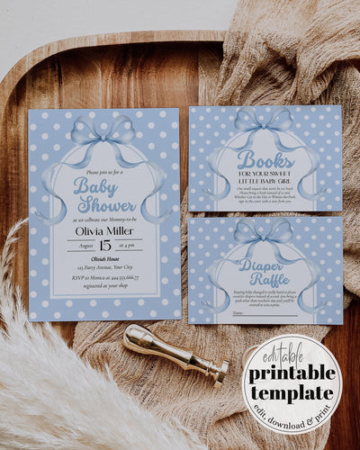 Blue Polka Dot Baby Shower Invitation, Bow Cottagecore Sprinkle Invite Bundle #083 - marryful.org