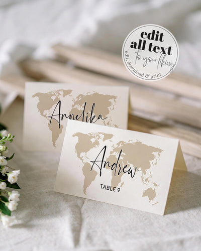 Destination Wedding Place Cards with Watercolor World Map, Travel-Themed Table Name Template #072w - marryful.org