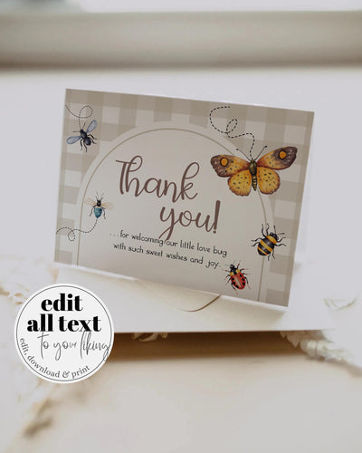 Lovebug Baby Shower Thank You Card, Gingham Butterfly and Bug Theme Playful Printable Template #068 - TheLovebirdsDesign