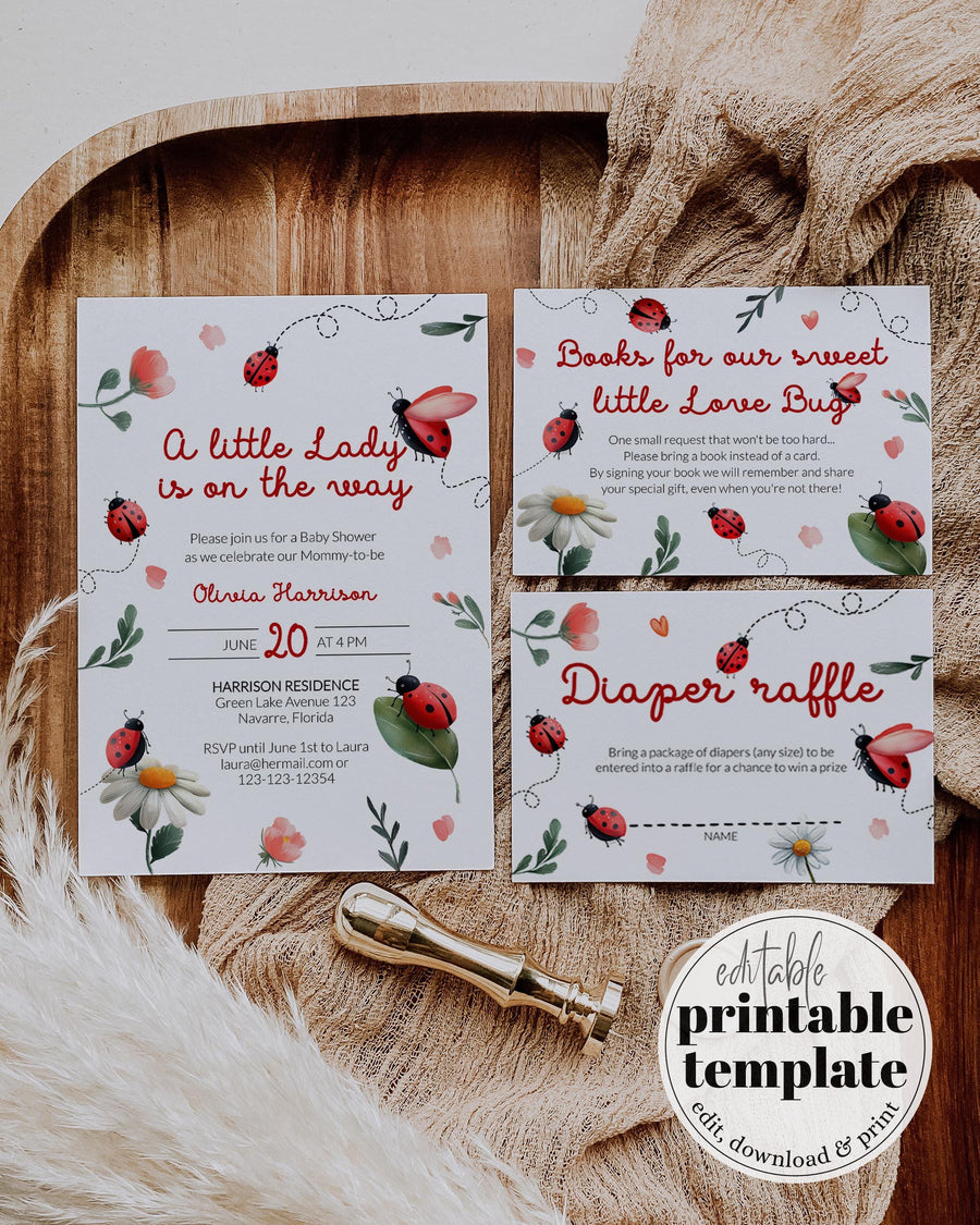 Lady Bug Baby Shower Invitation Template, Love bug Daisy Invite Printable 099LB-BSINV - marryful.org