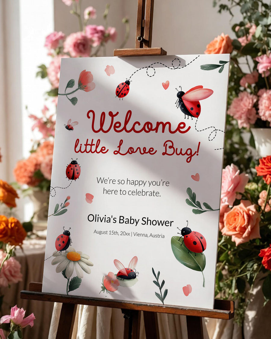 Lady Bug Baby Shower Decor Welcome Sign Template, Lovebug Daisy Entrance Sign Printable 099LB-WLCM - marryful.org