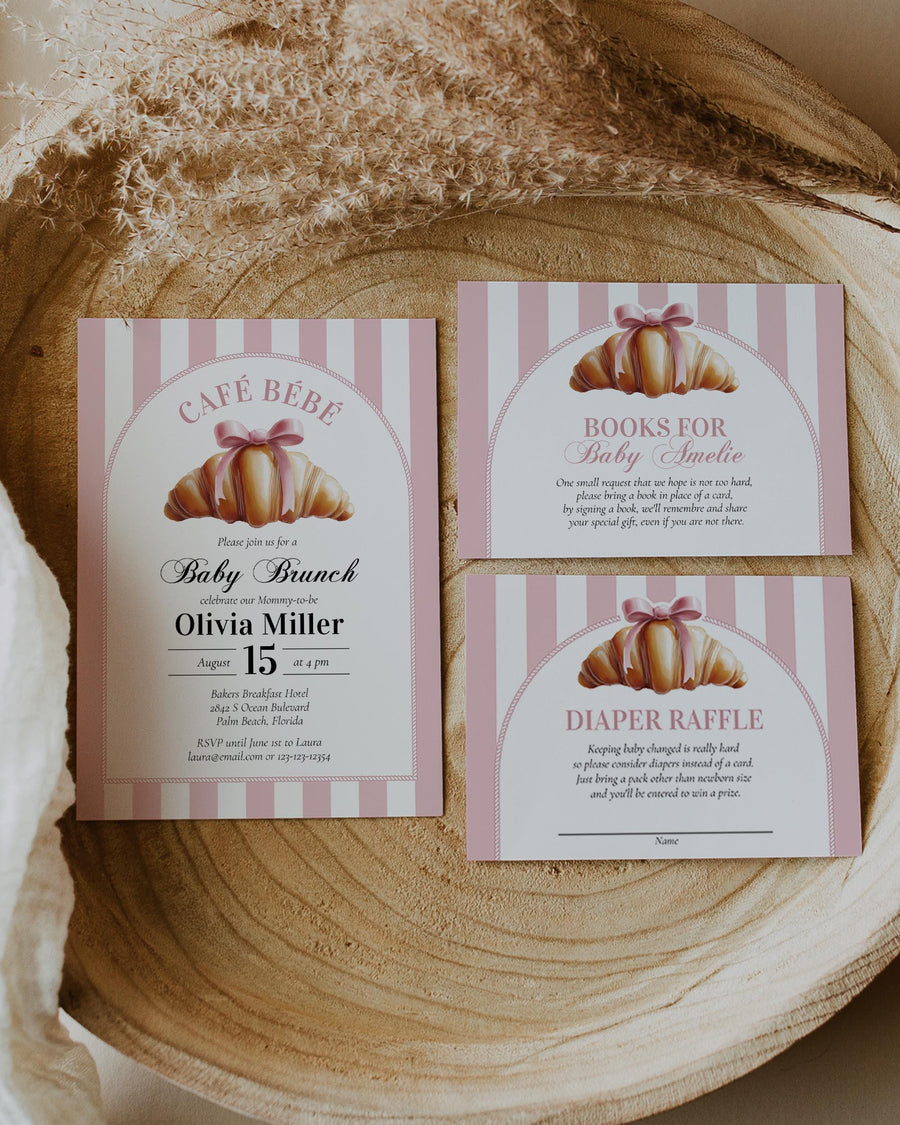 Pink Croissant Baby Shower Invitation, Café Bébé French Bakery Brunch Template 059CR-BSINV-PI - marryful.org