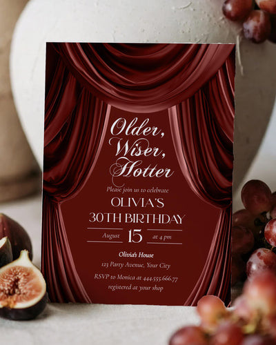 Older Wiser Hotter Birthday Invitation, Burgundy Draped Fabric Elegant Template #082 - marryful.org