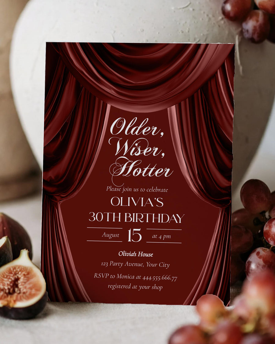 Older Wiser Hotter Birthday Invitation, Burgundy Draped Fabric Elegant Template #082 - marryful.org