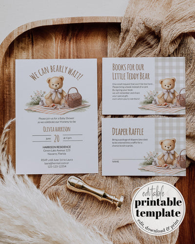 Cottagecore Teddy Bear Picnic Baby Shower Invitation, Beige Gingham Editable Template Set #078 - marryful.org