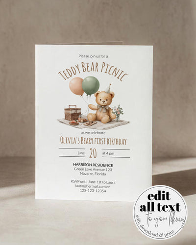 Beige Teddy Bear Picnic Birthday Invitation, Gingham Beary First Birthday Printable Template 098BE-BINV - marryful.org