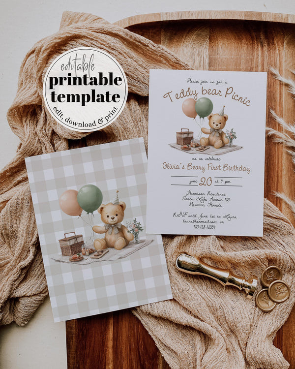 Beige Teddy Bear Picnic Birthday Invitation, Beary First Birthday Editable Template #078 - TheLovebirdsDesign