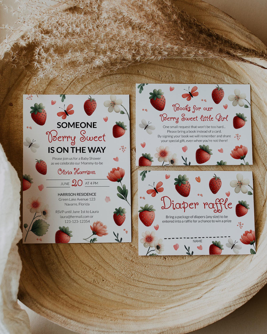 Strawberry Baby Shower Invitation, Someone Berry Sweet Vintage Whimsical Editable Template 099SW-BSINV - marryful.org