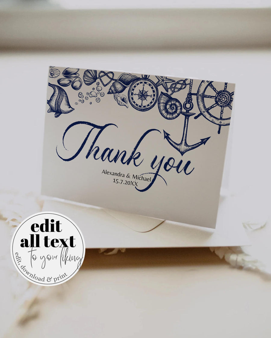 Nautical Wedding Thank You Card Template, Beach Marine Photo Printable Note 071NA-THCA - marryful.org