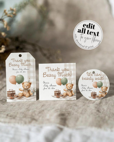 Teddy Bear Picnic Favor Tags, Neutral Gingham Bear Thank You Labels Cupcake Toppers - marryful.org