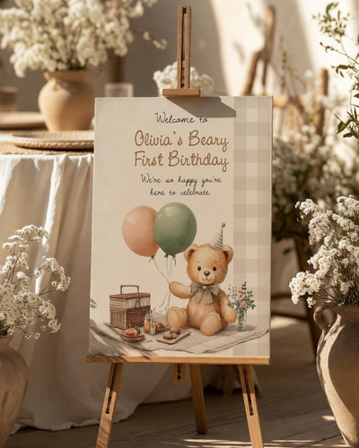 Teddy Bear Picnic Welcome Sign, Neutral Beige Gingham First Birthday Template #078 - marryful.org