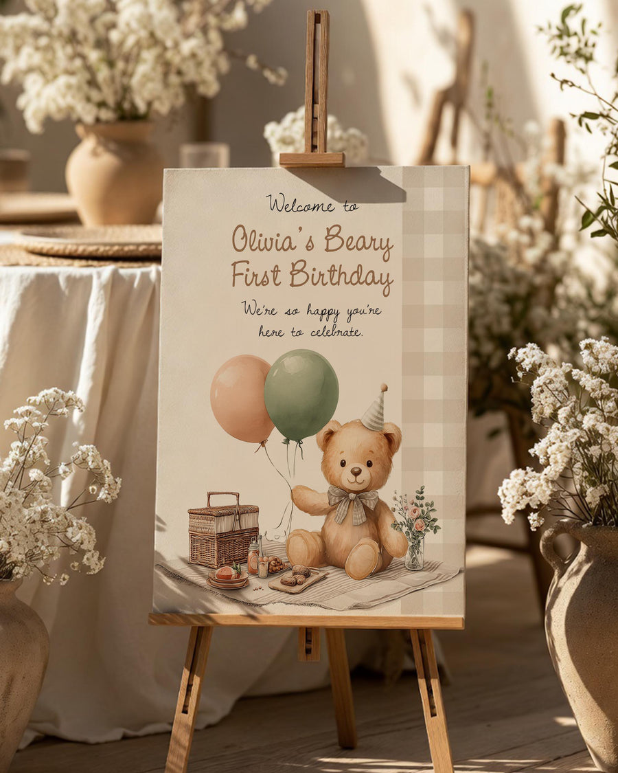 Teddy Bear Picnic Welcome Sign, Neutral Beige Gingham First Birthday Template #078 - marryful.org