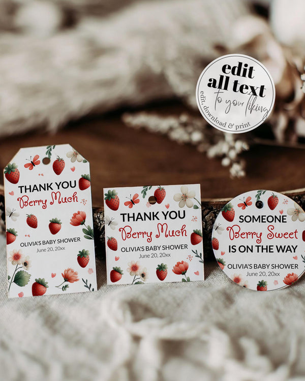 Strawberry Baby Shower Favor Tags, Little Berry Thank You Labels Stickers Template #078 - TheLovebirdsDesign