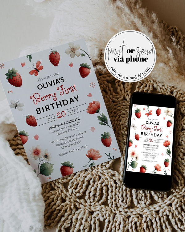 Berry First Birthday Invitation, Little Berry Strawberry 1st Birthday Party Template #078 - TheLovebirdsDesign
