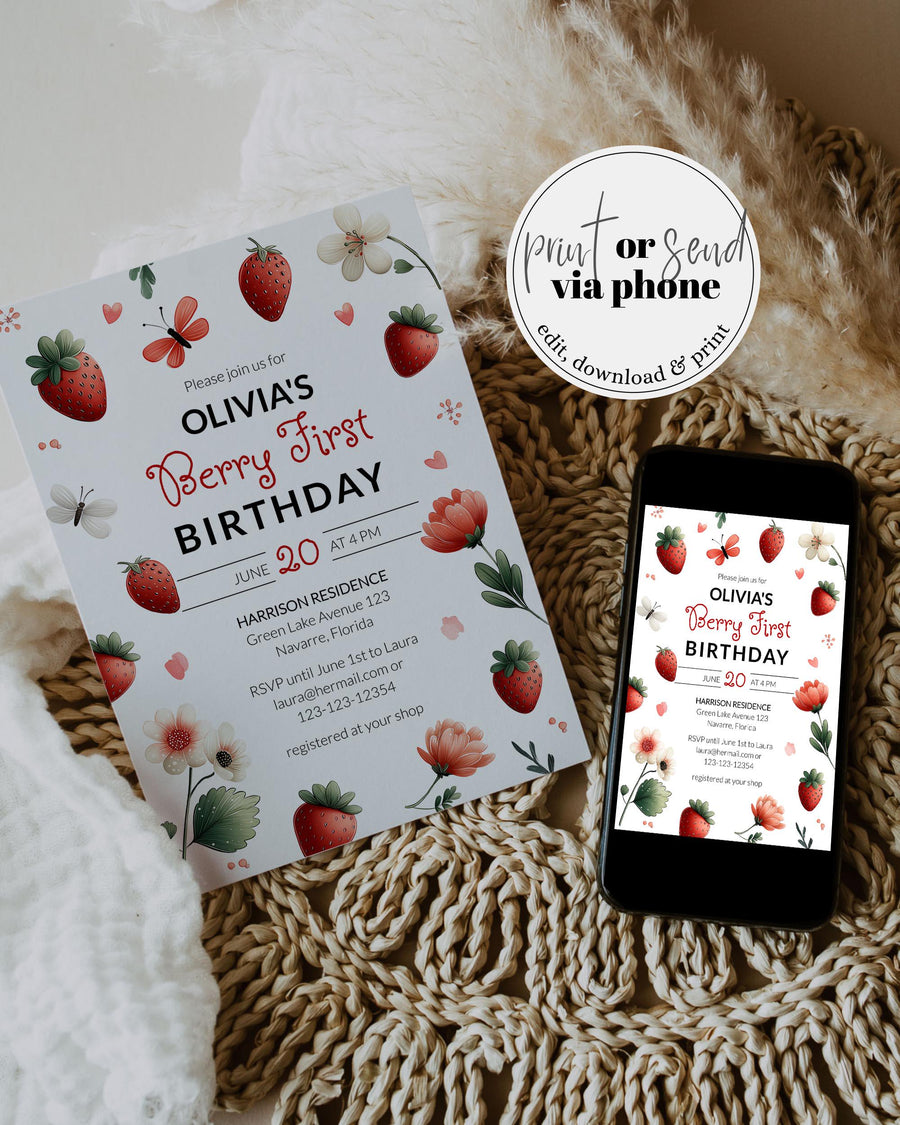 Strawberry First Birthday Invitation Template, Berry Party Invite, Digital Download 099SW-BINV - marryful.org