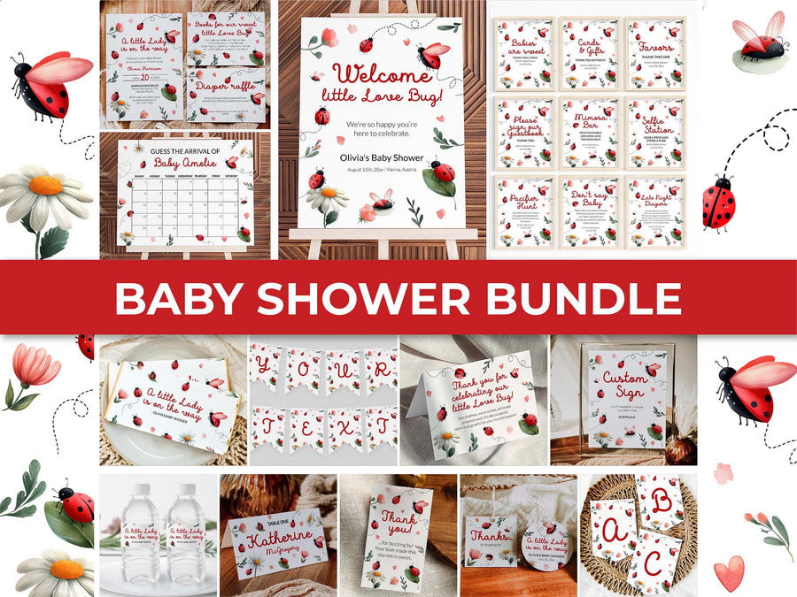 Lady Bug Baby Shower Bundle, Invitation and Decor Template Set with Lovebugs Daisies 099LB-BSBUNDLE - marryful.org