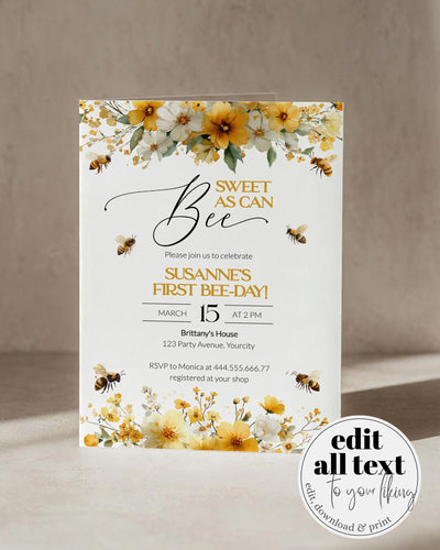 Honey Bee Birthday Invitation, Floral Bee Any Age Bee-Day Party Template 079HB-BINV - marryful.org