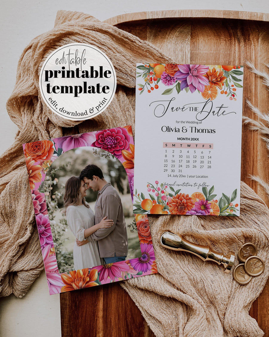 Pink Orange Save the Date Calendar, Citrus Floral Wedding Template 011PO2-STDC - marryful.org