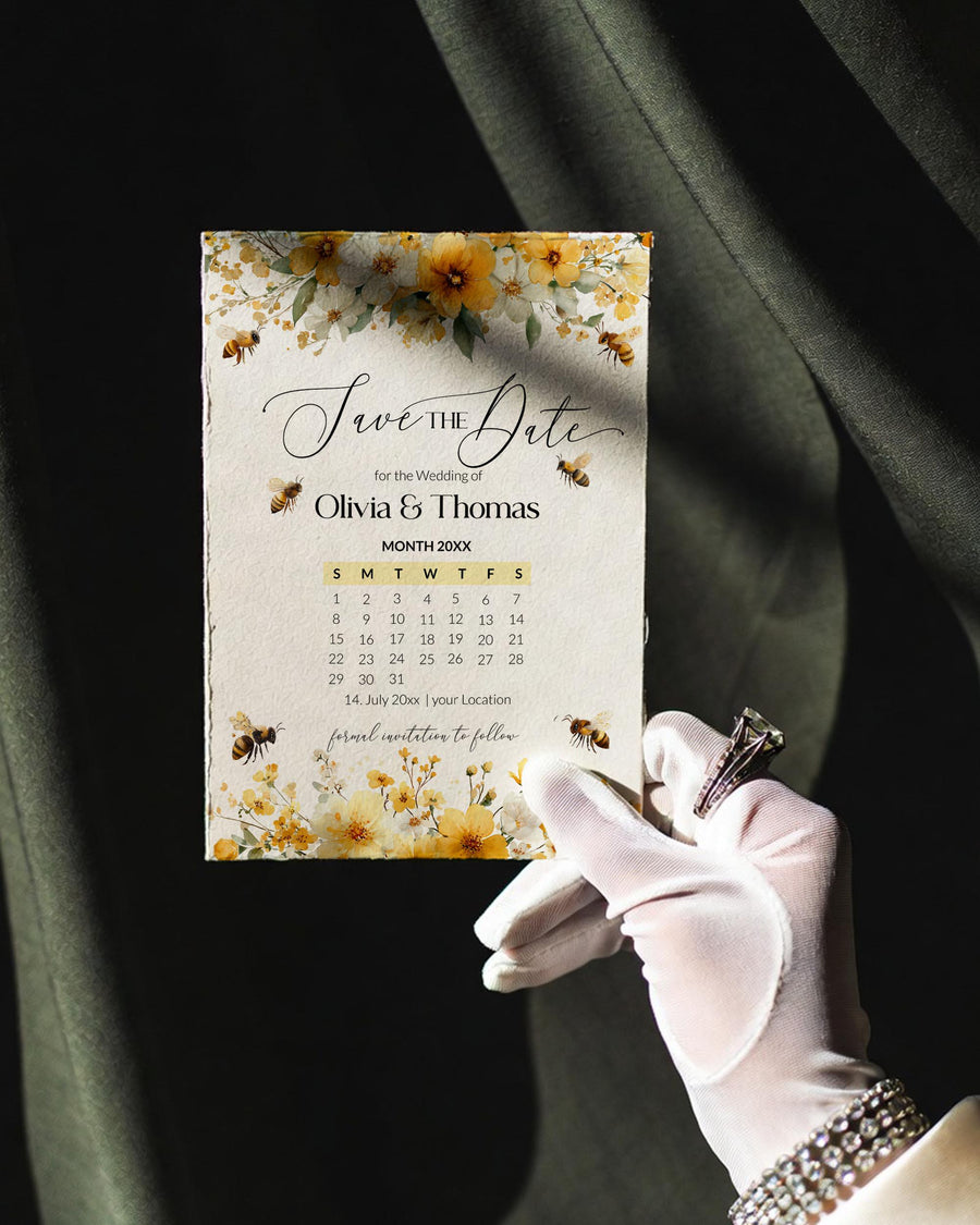 Honey Bee Save the Date Calendar, Floral Bee Wedding Template 079HB-STDC - marryful.org