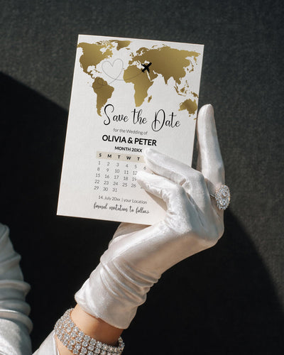 Travel Save the Date Calendar, Gold World Map Wedding Template - marryful.org
