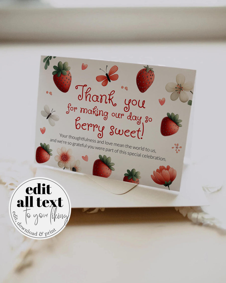 Strawberry Thank You Card, Playful Funky Font Berry Sweet Party Template 099SW-THCA - marryful.org