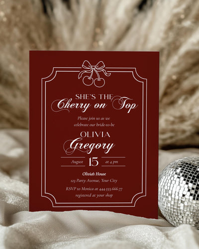 Cherry on Top Bridal Shower Invitation, Old Money Luxury Burgundy Velvet Template #080 - marryful.org