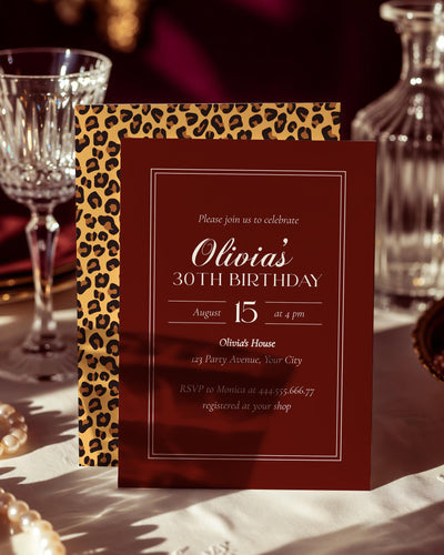 Burgundy Cheetah Birthday Invitation, Old Money Luxury Vintage Frame Party Template #080 - marryful.org