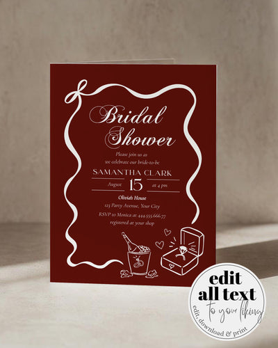 Burgundy Wavy Frame Bridal Shower Invitation, Old Money Elegant Champagne Template #080 - marryful.org