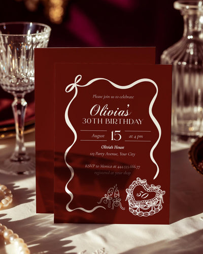 Burgundy Wavy Frame Birthday Invitation, Old Money Elegant Bow & Martini Template #080 - marryful.org