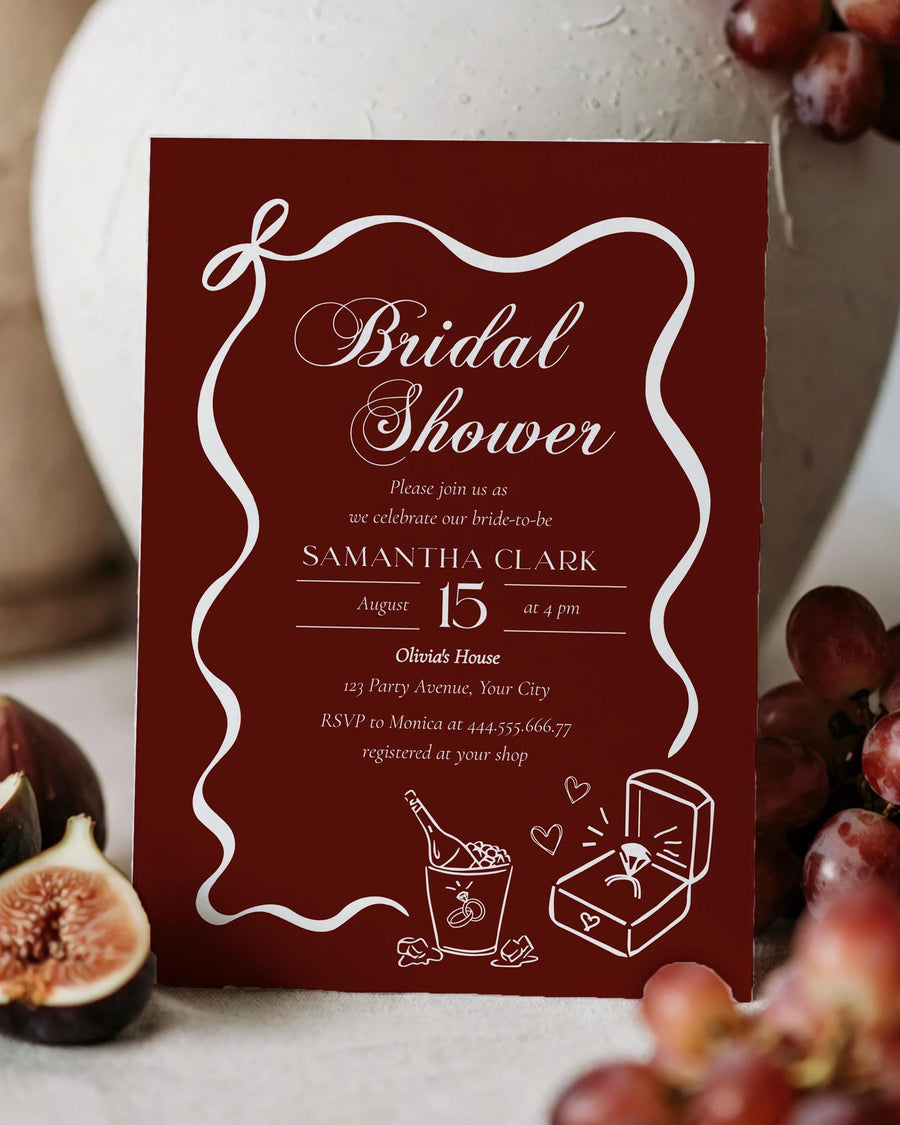 Burgundy Wavy Frame Bridal Shower Invitation, Old Money Elegant Champagne Template #080 - marryful.org