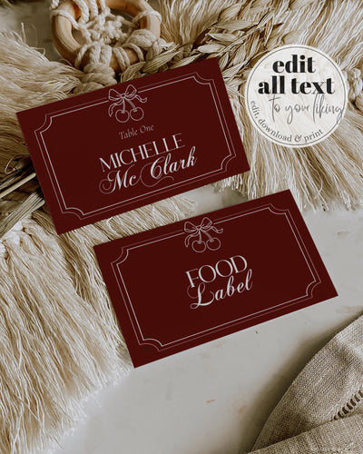 Burgundy Velvet Place Cards, Old Money Luxury Food Labels Template #080 - marryful.org