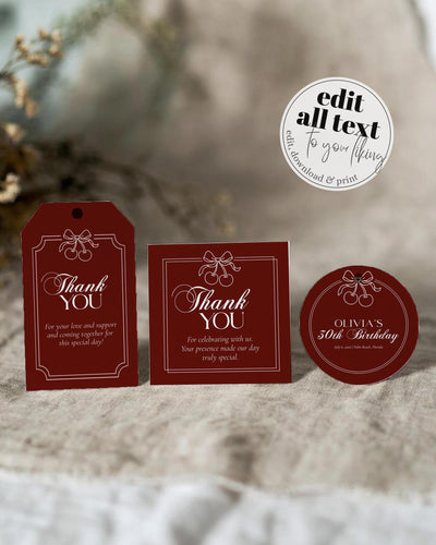 Cherry on Top Favor Tags, Old Money Burgundy Velvet Labels Stickers Toppers #080 - marryful.org