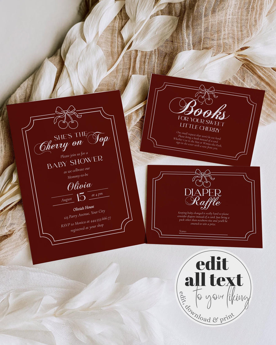 Cherry on Top Baby Shower Invitation, Old Money Burgundy Velvet Luxury Template 080-BSINV - marryful.org