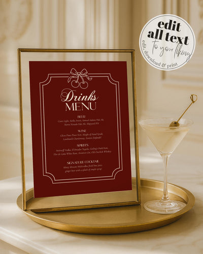 Burgundy Velvet Bar Menu Sign, Old Money Luxury Martini Party Template #080 - marryful.org